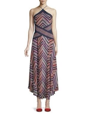Ramy Brook Silk Blend Halter Maxi Dress Size 10 Chevron Wedding Guest